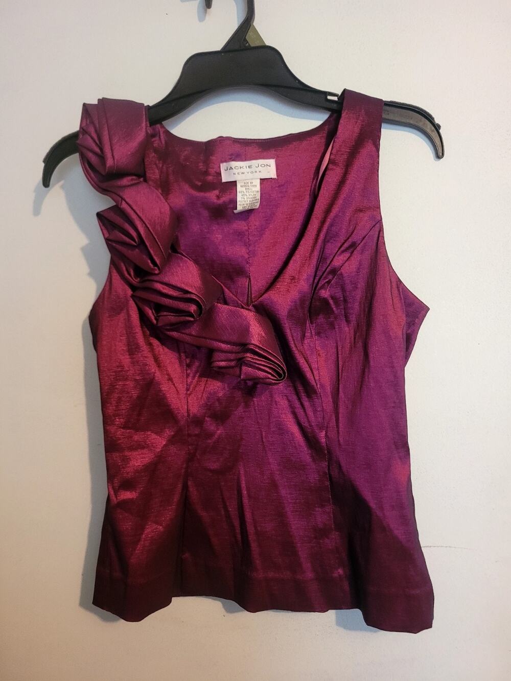 VTG Y2K Jackie Jon Blouse Women's 6P Plum Dramatic Ruffle Neckline Romance Glam